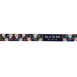 A decorative polyester hatband featuring colourful Day of the Dead skulls and floral designs on a dark background.