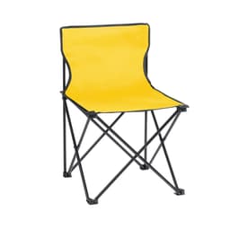 A folding chair with a yellow fabric seat and a black frame, designed for leisure and outdoor use.