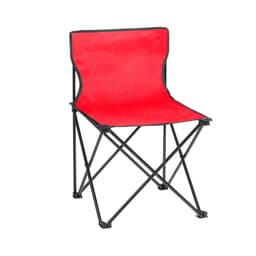 A foldable chair featuring a red seat and black frame, designed for leisure and outdoor use.