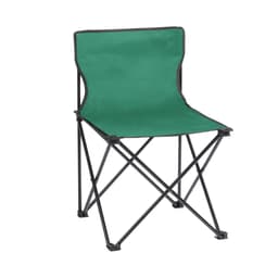 A green folding chair with a black frame, designed for leisure and outdoor use. The chair features a simple, compact design.