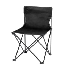A black folding chair with a lightweight metal frame and a simple design, ideal for leisure and outdoor use.