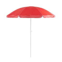 A red beach umbrella with a white pole, designed for leisure and outdoor use. It features a simple, classic design.