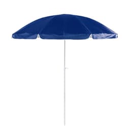 A navy blue beach umbrella with a white pole and a round, eight-panel canopy design. It features a logo on the fabric.