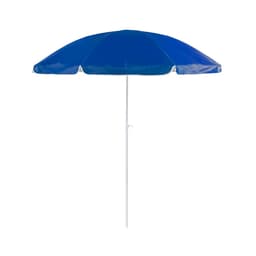 A blue beach umbrella with a white pole, designed for leisure and outdoors use. It features a simple, classic design.