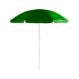 A green beach umbrella with a white pole, designed for outdoor leisure. It has a simple, classic shape.