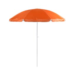 An orange beach umbrella with a white pole, designed for leisure and outdoor use.