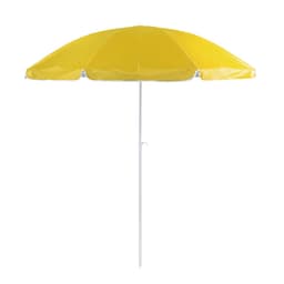 A yellow beach umbrella with a white pole, designed for outdoor leisure use.