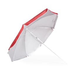 A red and white beach umbrella with a central pole and support ribs, designed for outdoor leisure use.