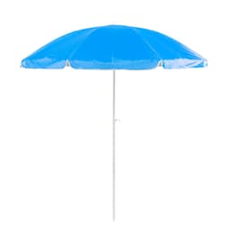 A blue beach umbrella with a white pole, featuring a simple design and a rounded canopy.