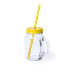 A glass drink bottle with a yellow lid and straw, featuring a handle and clear transparency. It has a logo on the lid.