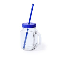 A transparent glass drink bottle with a blue lid and a blue straw, featuring a handle for easy grip.