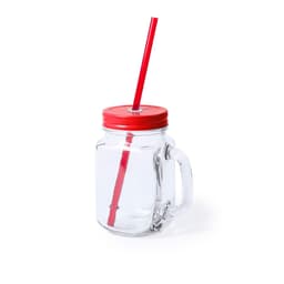 A glass drink bottle with a red lid and a red straw, featuring a handle. The jar is clear with a branding logo.