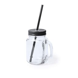 A glass jar with a black lid and straw, featuring a handle and clear body.