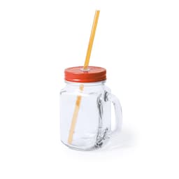 A glass drink bottle with a handle, featuring a vibrant orange lid and a yellow straw.