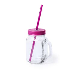 A glass drink bottle with a pink lid and a matching pink straw. The bottle has a handle.