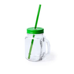 A clear glass drink bottle with a green lid and a green straw. It features a handle and a logo.