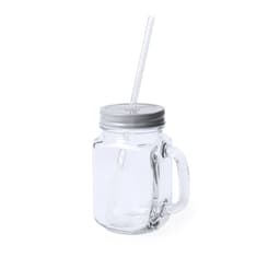 A clear glass drink bottle with a handle and a silver lid, featuring a transparent drinking straw.