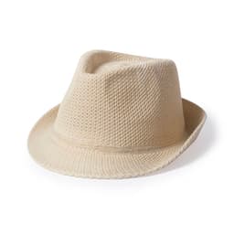 A light beige woven hat with a fedora style and a flexible brim. It features a simple design and has a branding logo.