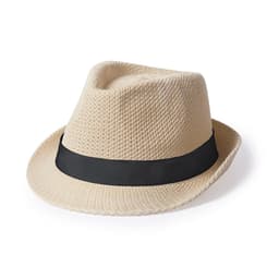A beige hat with a black ribbon band, featuring a textured design. It has a broad brim and a stylish shape.