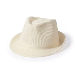 A white fedora hat with a textured surface and a wide brim. The hat features a logo.