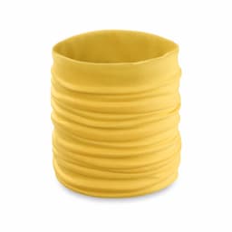 A yellow infinity scarf with a gathered design and a soft, stretchy texture. It features a logo.