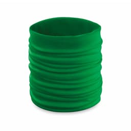 A green scarf accessory with a tubular design, featuring a smooth, textured fabric. It has a simple logo.