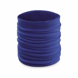 A blue tubular scarf with gathered fabric, featuring a smooth texture and a simple design.