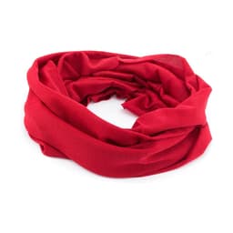 A red scarf with a soft, textured appearance, featuring a smooth, continuous design and no visible branding.