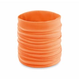 An orange tubular scarf with a gathered texture, suitable for various clothing styles. Features a logo.