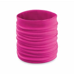 A bright pink scarf with a tubular design and gathered fabric texture. It features a logo.