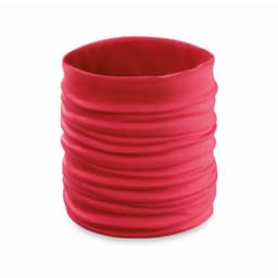 A red scarf with a gathered design, featuring a soft and stretchy fabric. It has a logo on it.