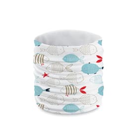 A multi-functional scarf featuring a pattern of fish in various shades of blue, grey, and red on a white background.
