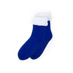 A pair of blue socks with a white fluffy cuff and non-slip grip dots on the sole. Features branding.