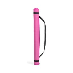 A pink yoga mat rolled up with a black strap for easy carrying. It features a textured surface and has a brand logo.