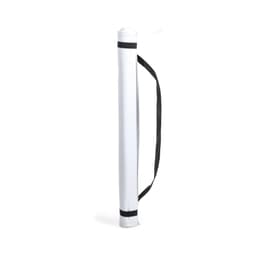 A white cylindrical carrying case with a black strap, designed for portability and storage.
