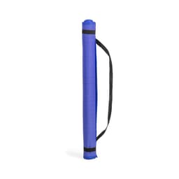 A rolled blue yoga mat with a black carrying strap, suitable for outdoor or leisure activities.
