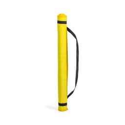 A rolled-up yellow outdoor mat with a black strap for easy carrying. It features a textured surface.