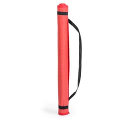 A red outdoor mat roll with a textured surface and a black carrying strap. It features a cylindrical shape.