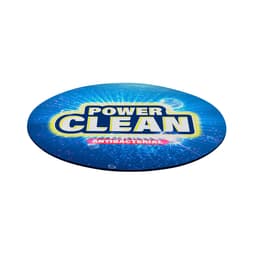 A blue round mouse pad with a vibrant design, featuring a logo and antibacterial text.