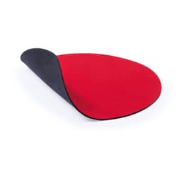 A red mouse pad with a black underside, featuring a smooth surface and a curved edge.