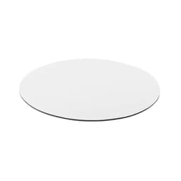 A round white mouse pad with a smooth surface and a black underside. It features a logo on one side.