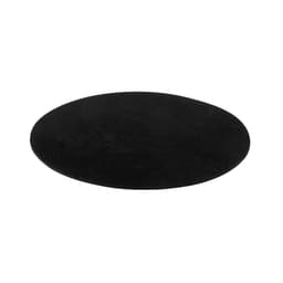 A black mouse pad with an oval shape, featuring a smooth surface and a subtle branding logo.