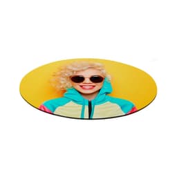 A round mouse pad featuring a vibrant design of a smiling woman with curly blonde hair, wearing sunglasses and a colourful hoodie.