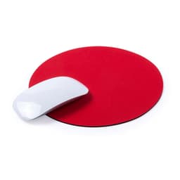 A red circular mouse pad with a white mouse resting on it, featuring a simple design.