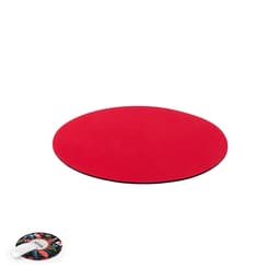A red round mouse pad is displayed alongside a smaller circular mouse pad featuring a colourful design.
