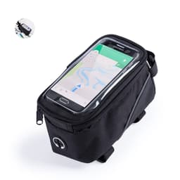 A black bike bag with a transparent phone compartment on top, featuring a zipper and a logo.