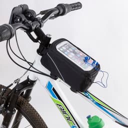 A black Rigon Bike Bag mounted on a bike handlebar, featuring a transparent top for a phone and a drink bottle.