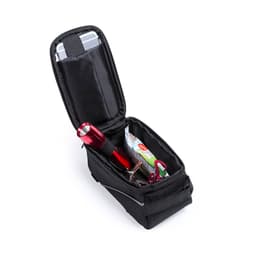 A black Rigon Bike Bag with compartments holding a flashlight, tools, and snacks inside. It has a logo on it.