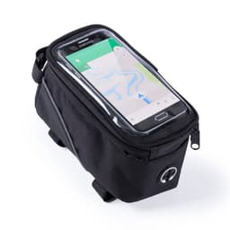 A black bike bag with a transparent compartment for a smartphone, featuring a logo and zippers.