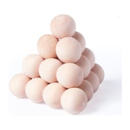 A pyramid structure made of wooden balls in light natural wood tone. The arrangement showcases multiple spheres stacked creatively.